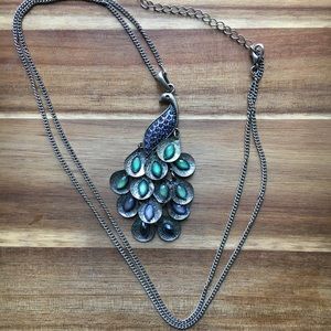 Silver Long Chain Peacock Necklace